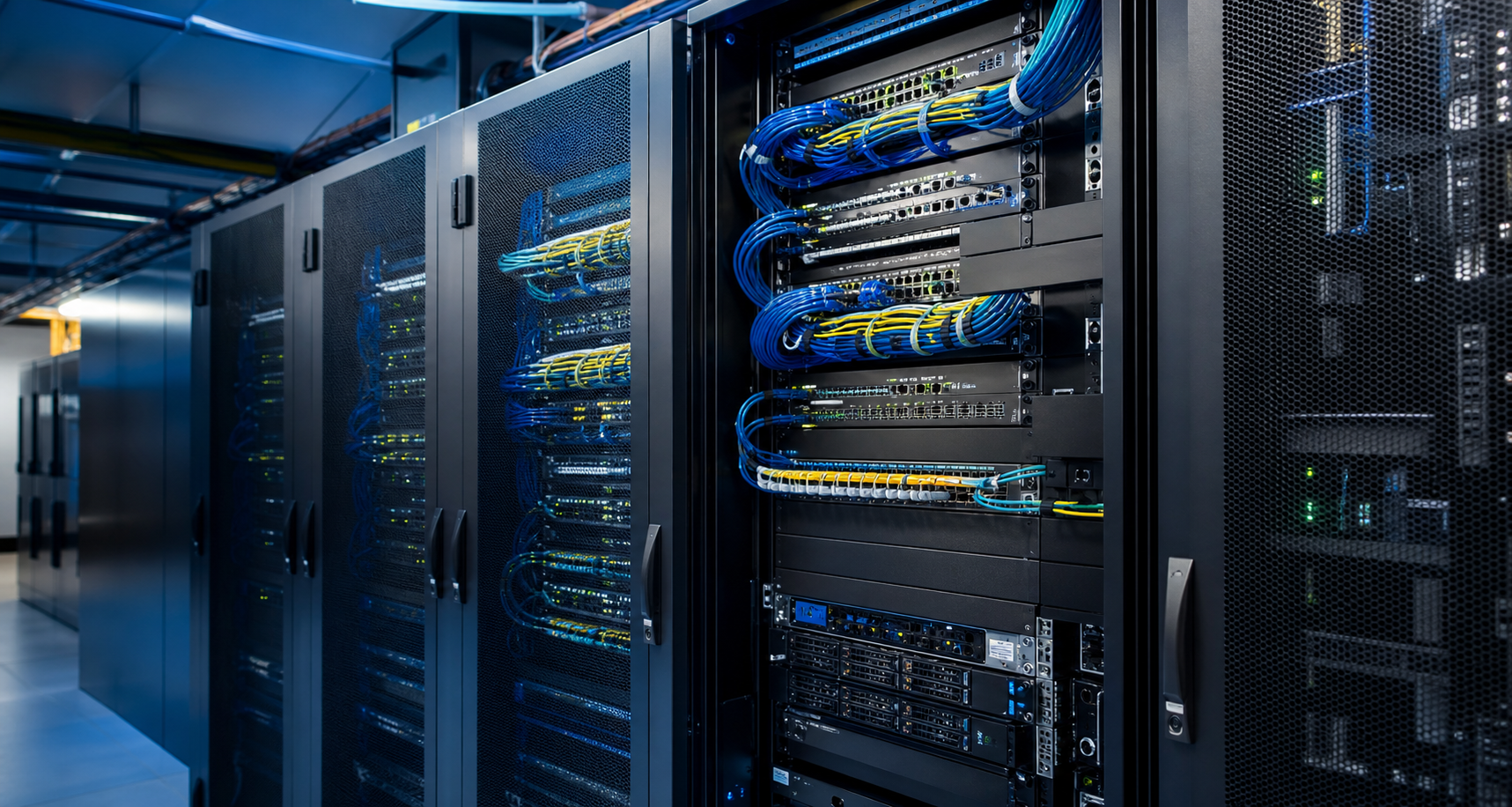 Racks com servidores, switches e cabeamento de rede organizado